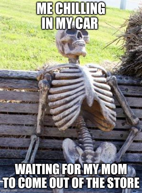 Waiting Skeleton | ME CHILLING IN MY CAR; WAITING FOR MY MOM TO COME OUT OF THE STORE | image tagged in memes,waiting skeleton,funny,fun,funny memes,funny meme | made w/ Imgflip meme maker
