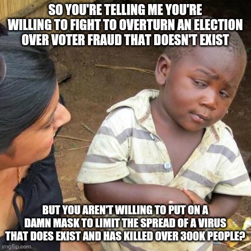 Stop the stupid. | SO YOU'RE TELLING ME YOU'RE WILLING TO FIGHT TO OVERTURN AN ELECTION OVER VOTER FRAUD THAT DOESN'T EXIST; BUT YOU AREN'T WILLING TO PUT ON A DAMN MASK TO LIMIT THE SPREAD OF A VIRUS THAT DOES EXIST AND HAS KILLED OVER 300K PEOPLE? | image tagged in memes,third world skeptical kid,voter fraud,coronavirus | made w/ Imgflip meme maker