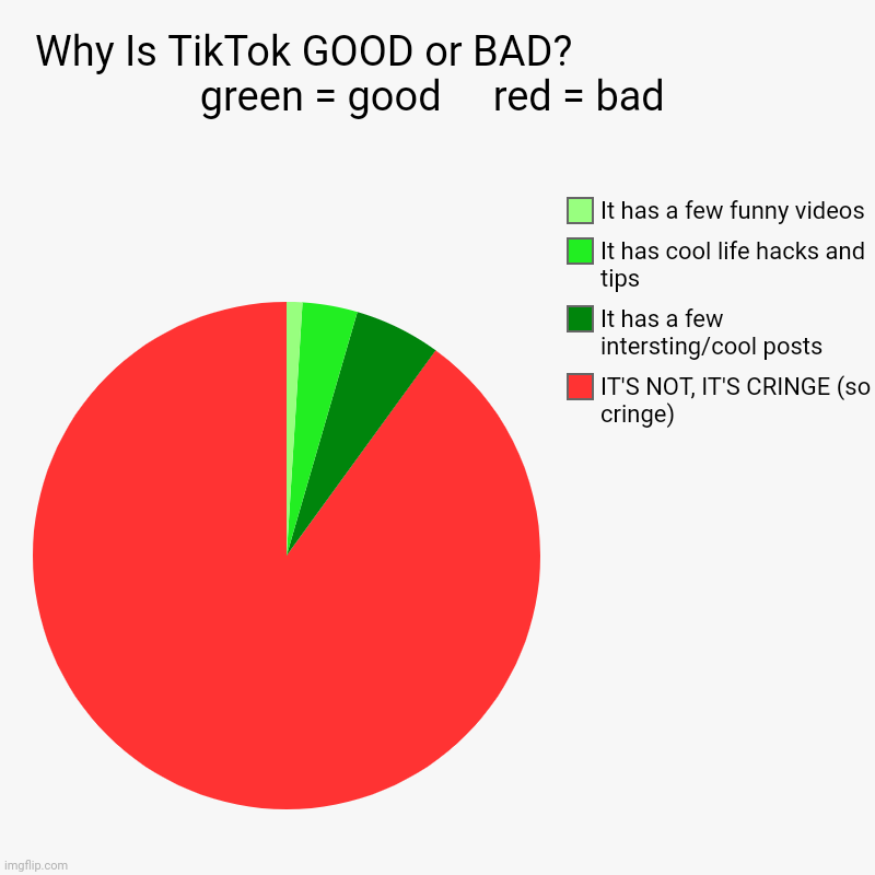 TikTok Debate | Why Is TikTok GOOD or BAD?                          green = good     red = bad | IT'S NOT, IT'S CRINGE (so cringe), It has a few intersting/ | image tagged in charts,pie charts | made w/ Imgflip chart maker