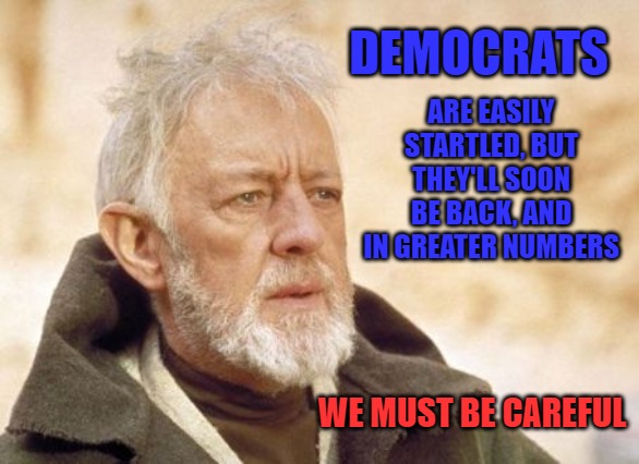 Obi Wan Kenobi | ARE EASILY STARTLED, BUT THEY'LL SOON BE BACK, AND IN GREATER NUMBERS; DEMOCRATS; WE MUST BE CAREFUL | image tagged in memes,obi wan kenobi | made w/ Imgflip meme maker