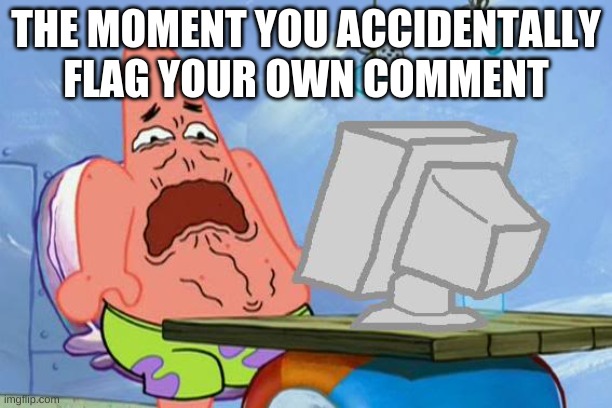 THE MOMENT YOU ACCIDENTALLY FLAG YOUR OWN COMMENT | THE MOMENT YOU ACCIDENTALLY FLAG YOUR OWN COMMENT | image tagged in patrick star internet disgust | made w/ Imgflip meme maker
