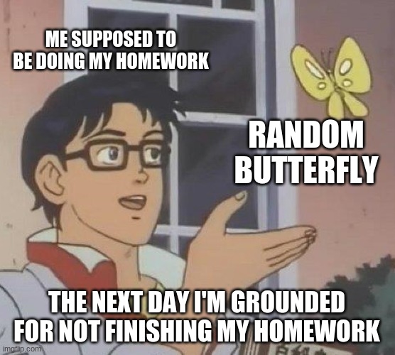 Is This A Pigeon | ME SUPPOSED TO BE DOING MY HOMEWORK; RANDOM BUTTERFLY; THE NEXT DAY I'M GROUNDED FOR NOT FINISHING MY HOMEWORK | image tagged in memes,is this a pigeon | made w/ Imgflip meme maker