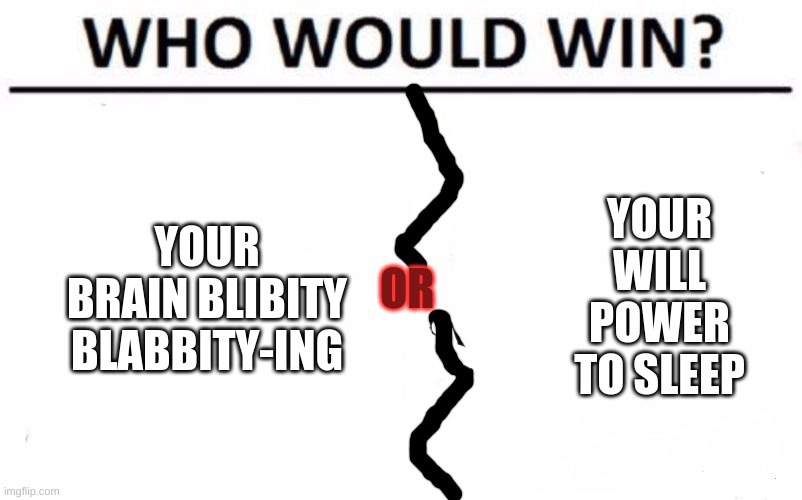 brain vs sleep | YOUR WILL POWER TO SLEEP; YOUR BRAIN BLIBITY BLABBITY-ING; OR | image tagged in memes,who would win | made w/ Imgflip meme maker