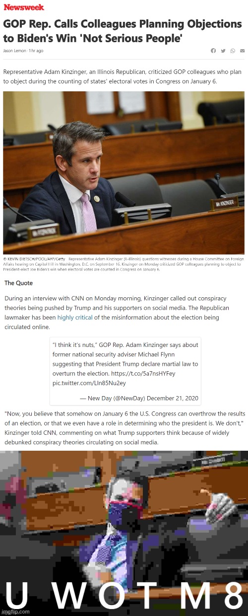 Rep. Adam Kinzinger (R-IL) gottem again | image tagged in rep adam kinzinger u wot m8 jpeg max degrade | made w/ Imgflip meme maker