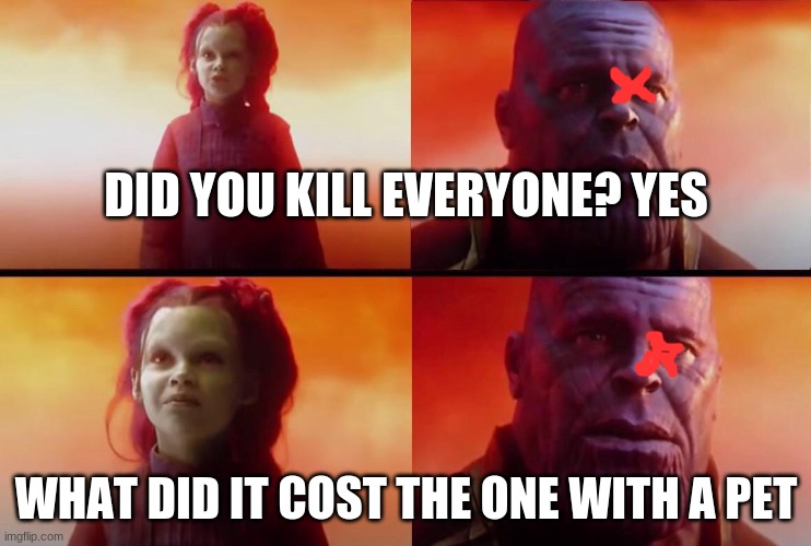 What did it cost? | DID YOU KILL EVERYONE? YES; WHAT DID IT COST THE ONE WITH A PET | image tagged in what did it cost | made w/ Imgflip meme maker