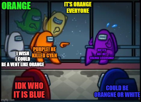 Among us Blame | ORANGE; IT'S ORANGE EVERYONE; I WISH I COULD BE A VENT LIKE ORANGE; PURPLE! HE KILLED CYAN; NO! ITS NOT ME! ORANGE ACCUSING! IDK WHO IT IS BLUE; COULD BE ORANGNE OR WHITE | image tagged in among us blame | made w/ Imgflip meme maker