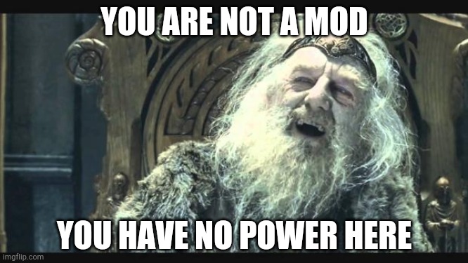 You have no power here | YOU ARE NOT A MOD; YOU HAVE NO POWER HERE | image tagged in you have no power here | made w/ Imgflip meme maker