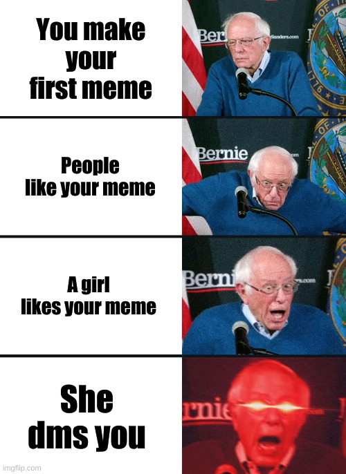 Bernie Sanders reaction (nuked) | You make your first meme; People like your meme; A girl likes your meme; She dms you | image tagged in bernie sanders reaction nuked | made w/ Imgflip meme maker