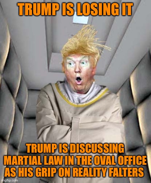 Losing the Election has cracked Trump and his mind is slipping into pure madness | TRUMP IS LOSING IT; TRUMP IS DISCUSSING MARTIAL LAW IN THE OVAL OFFICE AS HIS GRIP ON REALITY FALTERS | image tagged in donald trump,maga,crazy,martial law,joe biden | made w/ Imgflip meme maker