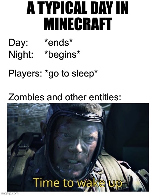 A typical day of Minecrafters | A TYPICAL DAY IN
MINECRAFT; Day:      *ends*; Night:    *begins*; Players: *go to sleep*; Zombies and other entities: | image tagged in time to wake up,minecraft,gaming,lol so funny,funny meme,so true memes | made w/ Imgflip meme maker