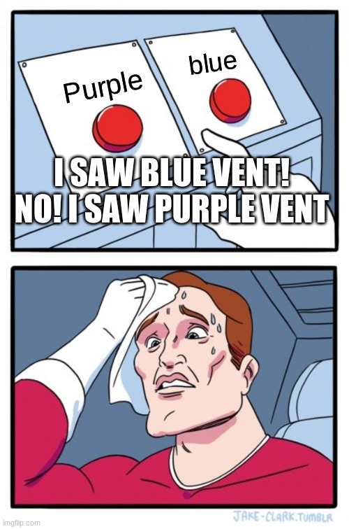 Two Buttons Meme | blue; Purple; I SAW BLUE VENT! NO! I SAW PURPLE VENT | image tagged in memes,two buttons | made w/ Imgflip meme maker