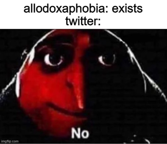 No. | allodoxaphobia: exists
twitter: | image tagged in gru no | made w/ Imgflip meme maker