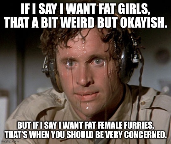Sweating on commute after jiu-jitsu | IF I SAY I WANT FAT GIRLS, THAT A BIT WEIRD BUT OKAYISH. BUT IF I SAY I WANT FAT FEMALE FURRIES, THAT’S WHEN YOU SHOULD BE VERY CONCERNED. | image tagged in sweating on commute after jiu-jitsu | made w/ Imgflip meme maker