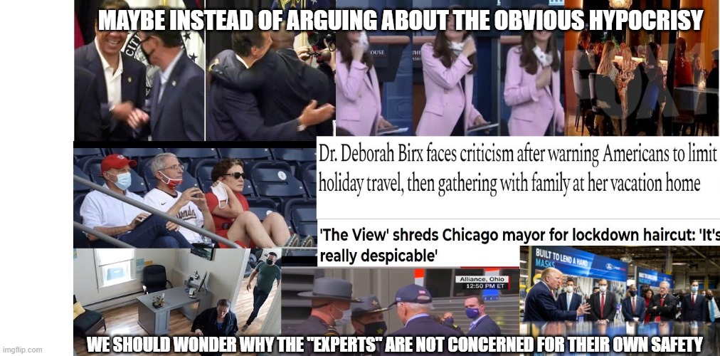 If The "Experts" Really Believed The Danger Level Was Extreme, Wouldn't They Stay Home For Their Own Safety? | MAYBE INSTEAD OF ARGUING ABOUT THE OBVIOUS HYPOCRISY; WE SHOULD WONDER WHY THE "EXPERTS" ARE NOT CONCERNED FOR THEIR OWN SAFETY | image tagged in mask hypocrisy,scamdemic,plandemic | made w/ Imgflip meme maker
