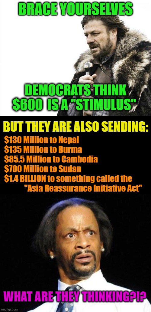 For the people?  I don't think so. | BRACE YOURSELVES; DEMOCRATS THINK $600  IS A "STIMULUS"; BUT THEY ARE ALSO SENDING:; $130 Million to Nepal
$135 Million to Burma
$85.5 Million to Cambodia
$700 Million to Sudan
$1.4 BILLION to something called the
             "Asia Reassurance Initiative Act"; WHAT ARE THEY THINKING?!? | image tagged in memes,stimulus,democrats,liberals,biden,nancy pelosi | made w/ Imgflip meme maker