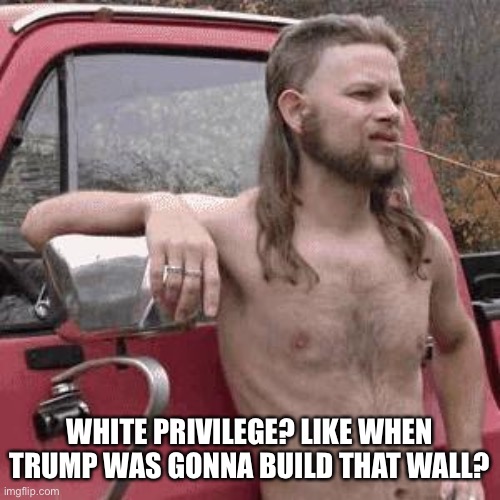 almost redneck | WHITE PRIVILEGE? LIKE WHEN TRUMP WAS GONNA BUILD THAT WALL? | image tagged in almost redneck | made w/ Imgflip meme maker