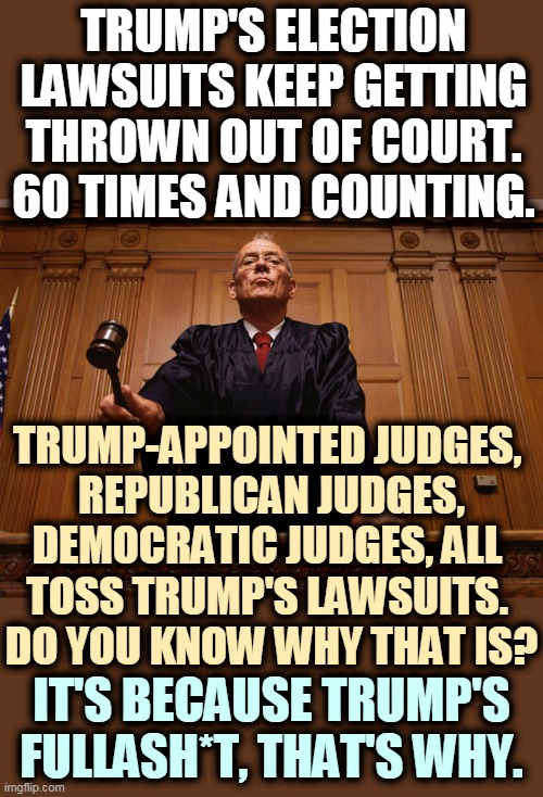 Trump loses all his lawsuits because there's nothing there. | TRUMP'S ELECTION LAWSUITS KEEP GETTING THROWN OUT OF COURT.
60 TIMES AND COUNTING. TRUMP-APPOINTED JUDGES, 
REPUBLICAN JUDGES, DEMOCRATIC JUDGES, ALL 
TOSS TRUMP'S LAWSUITS. 
DO YOU KNOW WHY THAT IS? IT'S BECAUSE TRUMP'S FULLASH*T, THAT'S WHY. | image tagged in trump,lawsuit,court,judge,loser | made w/ Imgflip meme maker