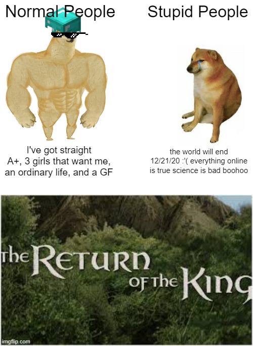 The return of the king | Normal People; Stupid People; I've got straight A+, 3 girls that want me, an ordinary life, and a GF; the world will end 12/21/20 :'( everything online is true science is bad boohoo | image tagged in memes,buff doge vs cheems | made w/ Imgflip meme maker