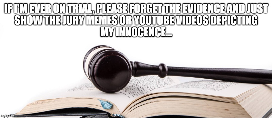 IF I'M EVER ON TRIAL, PLEASE FORGET THE EVIDENCE AND JUST
SHOW THE JURY MEMES OR YOUTUBE VIDEOS DEPICTING
MY INNOCENCE... | image tagged in factcheck,truth,lies | made w/ Imgflip meme maker