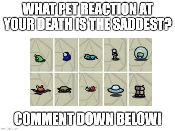 For me, it's a tie between mini crewmate, hamster, and brainslug. | WHAT PET REACTION AT YOUR DEATH IS THE SADDEST? COMMENT DOWN BELOW! | image tagged in among us,pet reaction,death,cry | made w/ Imgflip meme maker