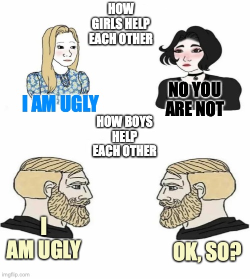 ok, so? | HOW GIRLS HELP EACH OTHER; NO YOU ARE NOT; I AM UGLY; HOW BOYS HELP EACH OTHER; I AM UGLY; OK, SO? | image tagged in boys vs girls | made w/ Imgflip meme maker