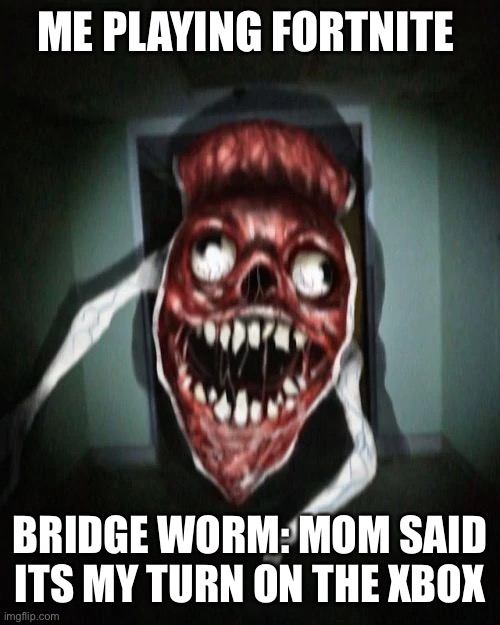 Bridge worm Xbox thief |  ME PLAYING FORTNITE; BRIDGE WORM: MOM SAID ITS MY TURN ON THE XBOX | image tagged in angry bridge worm | made w/ Imgflip meme maker