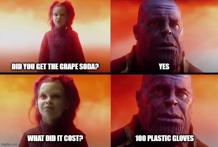 NileRed turns gloves into soda | DID YOU GET THE GRAPE SODA? YES; WHAT DID IT COST? 100 PLASTIC GLOVES | image tagged in thanos what did it cost | made w/ Imgflip meme maker