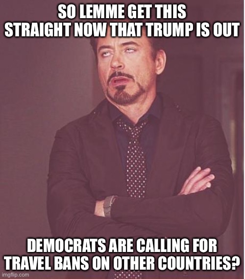 I Thought Only Racist Xenophobes Do That. | SO LEMME GET THIS STRAIGHT NOW THAT TRUMP IS OUT; DEMOCRATS ARE CALLING FOR TRAVEL BANS ON OTHER COUNTRIES? | image tagged in memes,face you make robert downey jr | made w/ Imgflip meme maker