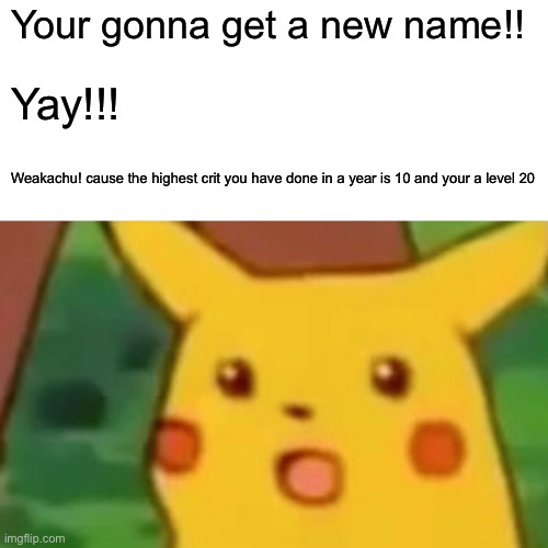Surprised Pikachu Meme | Your gonna get a new name!! Yay!!! Weakachu! cause the highest crit you have done in a year is 10 and your a level 20 | image tagged in memes,surprised pikachu | made w/ Imgflip meme maker