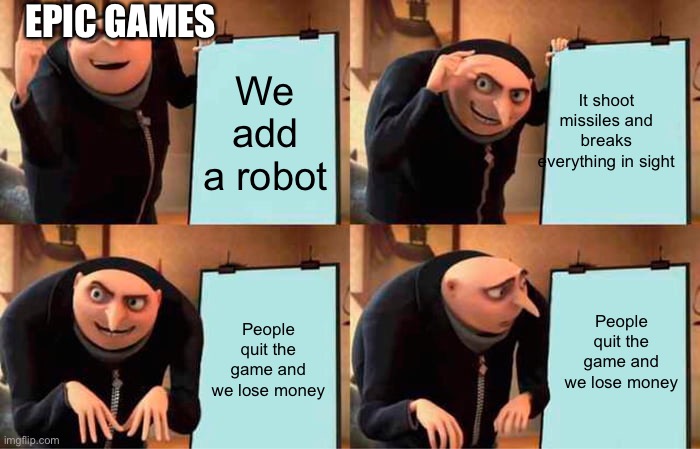 Gru's Plan |  EPIC GAMES; It shoot missiles and breaks everything in sight; We add a robot; People quit the game and we lose money; People quit the game and we lose money | image tagged in memes,gru's plan | made w/ Imgflip meme maker