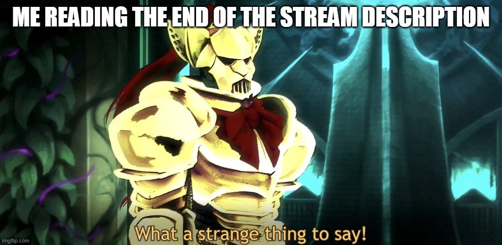What a strange thing to say! | ME READING THE END OF THE STREAM DESCRIPTION | image tagged in what a strange thing to say | made w/ Imgflip meme maker