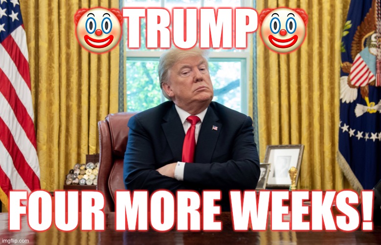 ....and the countdown begins! | 🤡TRUMP🤡; FOUR MORE WEEKS! | image tagged in donald trump,loser,election 2020,lazy,liar,fired | made w/ Imgflip meme maker