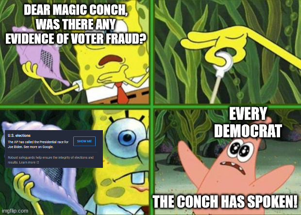 Magic Conch | DEAR MAGIC CONCH, WAS THERE ANY EVIDENCE OF VOTER FRAUD? EVERY DEMOCRAT; THE CONCH HAS SPOKEN! | image tagged in magic conch,liberal logic,liberal hypocrisy,voter fraud,election 2020,injustice | made w/ Imgflip meme maker