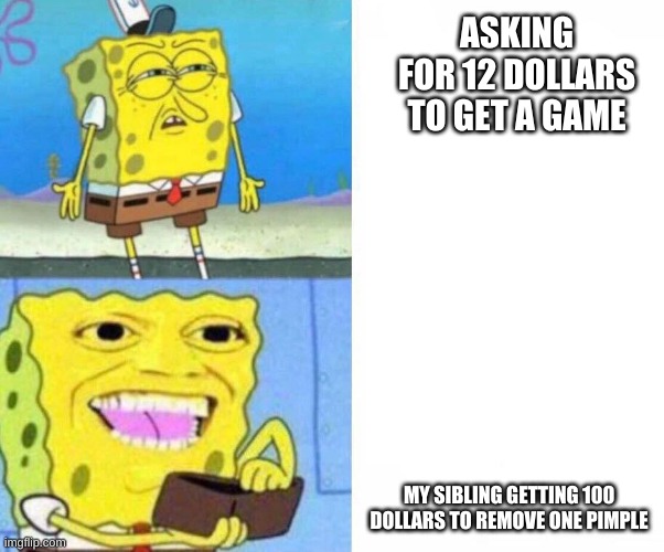 Sponge bob wallet | ASKING FOR 12 DOLLARS TO GET A GAME; MY SIBLING GETTING 100 DOLLARS TO REMOVE ONE PIMPLE | image tagged in sponge bob wallet | made w/ Imgflip meme maker