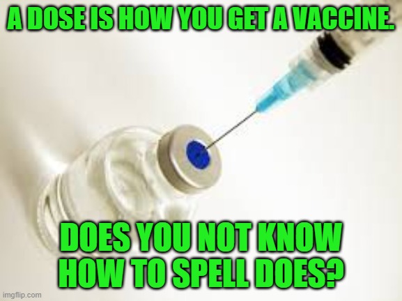 Vaccine | A DOSE IS HOW YOU GET A VACCINE. DOES YOU NOT KNOW HOW TO SPELL DOES? | image tagged in vaccine | made w/ Imgflip meme maker