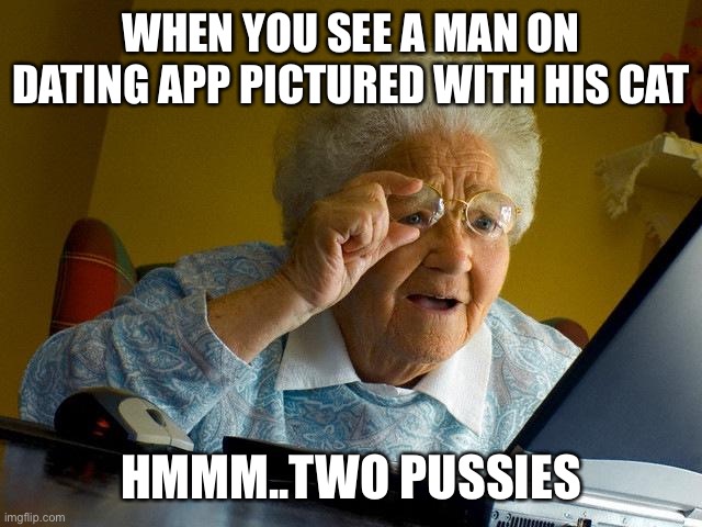 Grandma Finds The Internet | WHEN YOU SEE A MAN ON DATING APP PICTURED WITH HIS CAT; HMMM..TWO PUSSIES | image tagged in memes | made w/ Imgflip meme maker