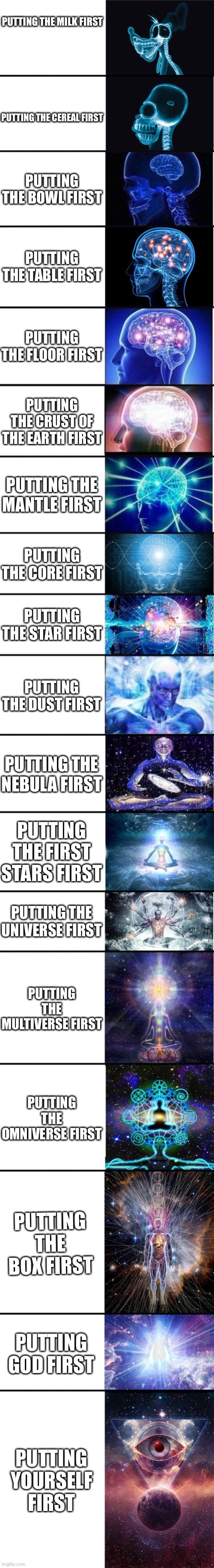 What to put first | PUTTING THE MILK FIRST; PUTTING THE CEREAL FIRST; PUTTING THE BOWL FIRST; PUTTING THE TABLE FIRST; PUTTING THE FLOOR FIRST; PUTTING THE CRUST OF THE EARTH FIRST; PUTTING THE MANTLE FIRST; PUTTING THE CORE FIRST; PUTTING THE STAR FIRST; PUTTING THE DUST FIRST; PUTTING THE NEBULA FIRST; PUTTING THE FIRST STARS FIRST; PUTTING THE UNIVERSE FIRST; PUTTING THE MULTIVERSE FIRST; PUTTING THE OMNIVERSE FIRST; PUTTING THE BOX FIRST; PUTTING GOD FIRST; PUTTING YOURSELF FIRST | image tagged in expanding brain 9001 | made w/ Imgflip meme maker