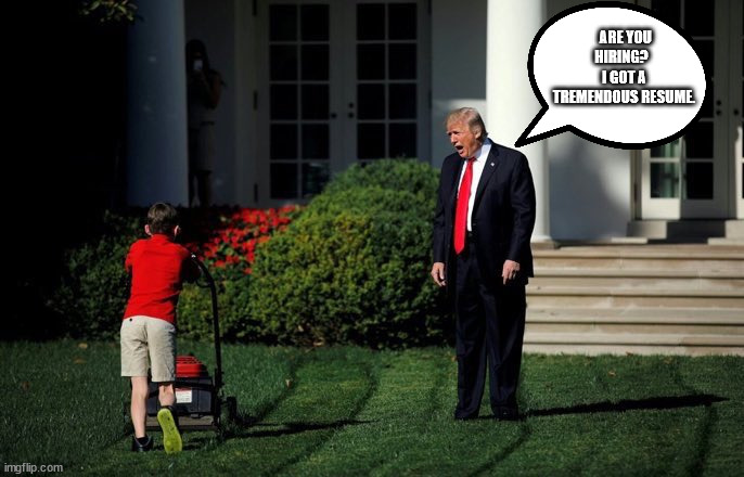 You're Hired! | ARE YOU HIRING?   I GOT A TREMENDOUS RESUME. | image tagged in trump lawn mower,new job,donald trump you're fired,unemployed | made w/ Imgflip meme maker
