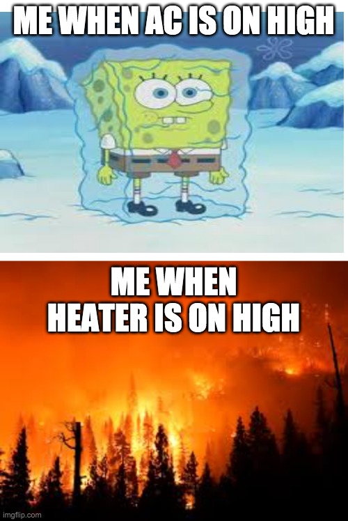 Blank White Template | ME WHEN AC IS ON HIGH; ME WHEN HEATER IS ON HIGH | image tagged in blank white template | made w/ Imgflip meme maker