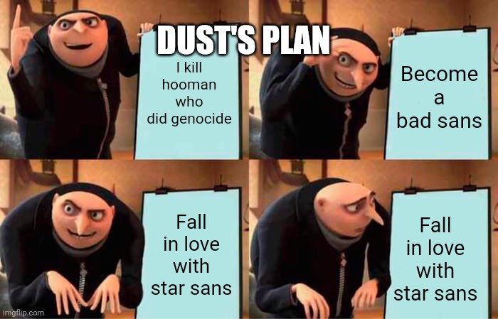 Dust's plan | DUST'S PLAN; I kill hooman who did genocide; Become a bad sans; Fall in love with star sans; Fall in love with star sans | image tagged in memes,gru's plan | made w/ Imgflip meme maker