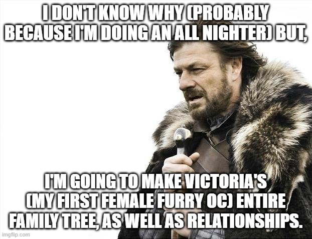 Brace Yourselves X is Coming | I DON'T KNOW WHY (PROBABLY BECAUSE I'M DOING AN ALL NIGHTER) BUT, I'M GOING TO MAKE VICTORIA'S (MY FIRST FEMALE FURRY OC) ENTIRE FAMILY TREE, AS WELL AS RELATIONSHIPS. | image tagged in memes,brace yourselves x is coming,oc | made w/ Imgflip meme maker