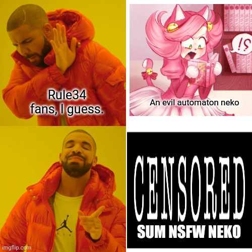 Drake Hotline Bling Meme | Rule34 fans, I guess. An evil automaton neko SUM NSFW NEKO | image tagged in memes,drake hotline bling | made w/ Imgflip meme maker