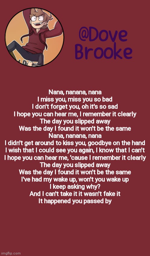 I miss you Asher... | Nana, nanana, nana
I miss you, miss you so bad
I don't forget you, oh it's so sad
I hope you can hear me, I remember it clearly
The day you slipped away
Was the day I found it won't be the same
Nana, nanana, nana
I didn't get around to kiss you, goodbye on the hand
I wish that I could see you again, I know that I can't
I hope you can hear me, 'cause I remember it clearly
The day you slipped away
Was the day I found it won't be the same
I've had my wake up, won't you wake up
I keep asking why?
And I can't take it it wasn't fake it
It happened you passed by | image tagged in dove's new announcement template | made w/ Imgflip meme maker