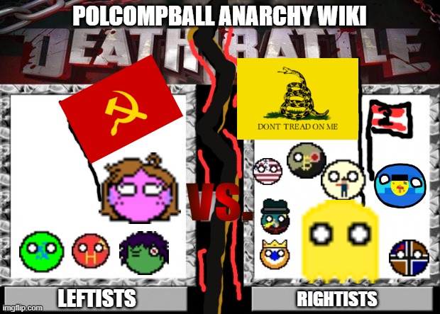 The war of opinions on the Polcompball Anarchy Wiki | POLCOMPBALL ANARCHY WIKI; LEFTISTS; RIGHTISTS | image tagged in death battle,war,communism and capitalism,marxism,liberty,wiki | made w/ Imgflip meme maker