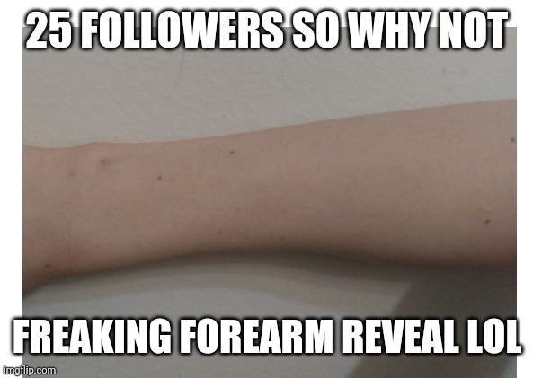 Either back of head, face, or leg reveal at 50 | 25 FOLLOWERS SO WHY NOT; FREAKING FOREARM REVEAL LOL | made w/ Imgflip meme maker