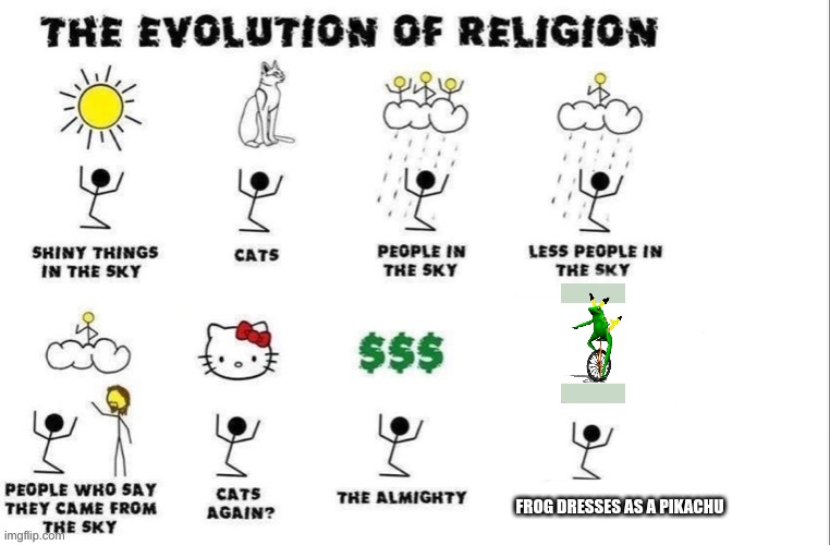 the evolution of religion | FROG DRESSES AS A PIKACHU | image tagged in the evolution of religion | made w/ Imgflip meme maker