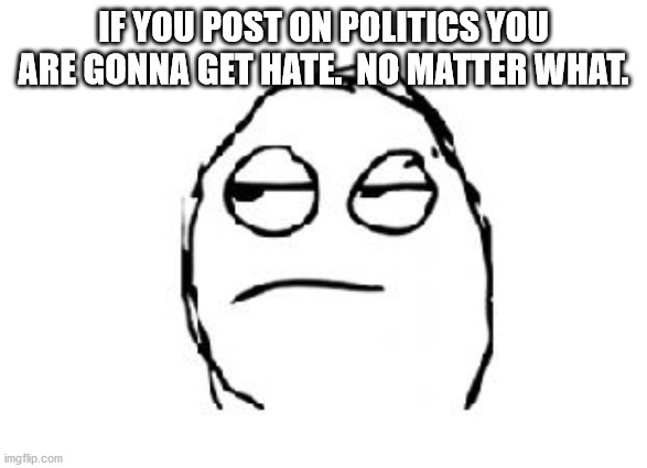 Meh | IF YOU POST ON POLITICS YOU ARE GONNA GET HATE.  NO MATTER WHAT. | image tagged in meh | made w/ Imgflip meme maker