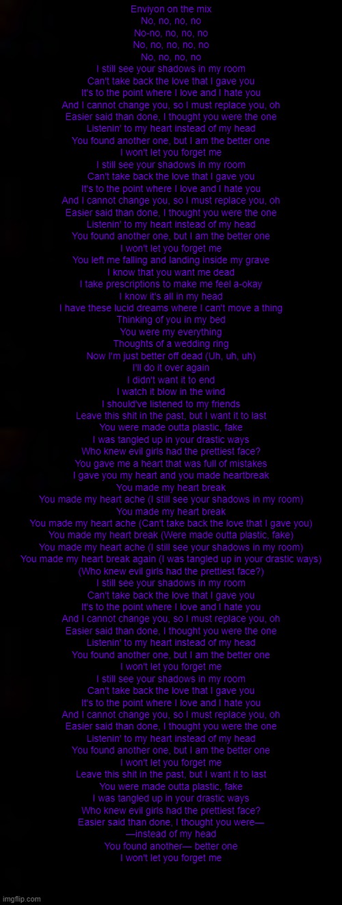 rip ;-; | Enviyon on the mix
No, no, no, no
No-no, no, no, no
No, no, no, no, no
No, no, no, no
I still see your shadows in my room
Can't take back the love that I gave you
It's to the point where I love and I hate you
And I cannot change you, so I must replace you, oh
Easier said than done, I thought you were the one
Listenin' to my heart instead of my head
You found another one, but I am the better one
I won't let you forget me
I still see your shadows in my room
Can't take back the love that I gave you
It's to the point where I love and I hate you
And I cannot change you, so I must replace you, oh
Easier said than done, I thought you were the one
Listenin' to my heart instead of my head
You found another one, but I am the better one
I won't let you forget me
You left me falling and landing inside my grave
I know that you want me dead
I take prescriptions to make me feel a-okay
I know it's all in my head
I have these lucid dreams where I can't move a thing
Thinking of you in my bed
You were my everything
Thoughts of a wedding ring
Now I'm just better off dead (Uh, uh, uh)
I'll do it over again
I didn't want it to end
I watch it blow in the wind
I should've listened to my friends
Leave this shit in the past, but I want it to last
You were made outta plastic, fake
I was tangled up in your drastic ways
Who knew evil girls had the prettiest face?
You gave me a heart that was full of mistakes
I gave you my heart and you made heartbreak
You made my heart break
You made my heart ache (I still see your shadows in my room)
You made my heart break
You made my heart ache (Can't take back the love that I gave you)
You made my heart break (Were made outta plastic, fake)
You made my heart ache (I still see your shadows in my room)
You made my heart break again (I was tangled up in your drastic ways)
(Who knew evil girls had the prettiest face?)
I still see your shadows in my room
Can't take back the love that I gave you
It's to the point where I love and I hate you
And I cannot change you, so I must replace you, oh
Easier said than done, I thought you were the one
Listenin' to my heart instead of my head
You found another one, but I am the better one
I won't let you forget me
I still see your shadows in my room
Can't take back the love that I gave you
It's to the point where I love and I hate you
And I cannot change you, so I must replace you, oh
Easier said than done, I thought you were the one
Listenin' to my heart instead of my head
You found another one, but I am the better one
I won't let you forget me
Leave this shit in the past, but I want it to last
You were made outta plastic, fake
I was tangled up in your drastic ways
Who knew evil girls had the prettiest face?
Easier said than done, I thought you were—
—instead of my head
You found another— better one
I won't let you forget me | image tagged in black | made w/ Imgflip meme maker