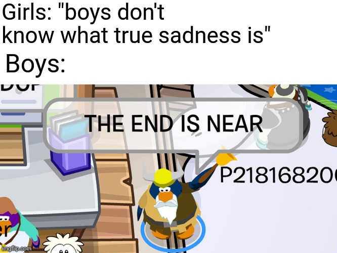 club penguin is kil | Girls: "boys don't know what true sadness is"; Boys: | image tagged in memes,club penguin | made w/ Imgflip meme maker