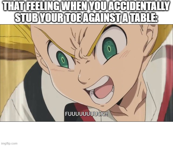 IRL Feels | THAT FEELING WHEN YOU ACCIDENTALLY STUB YOUR TOE AGAINST A TABLE: | image tagged in first time,seven deadly sins | made w/ Imgflip meme maker